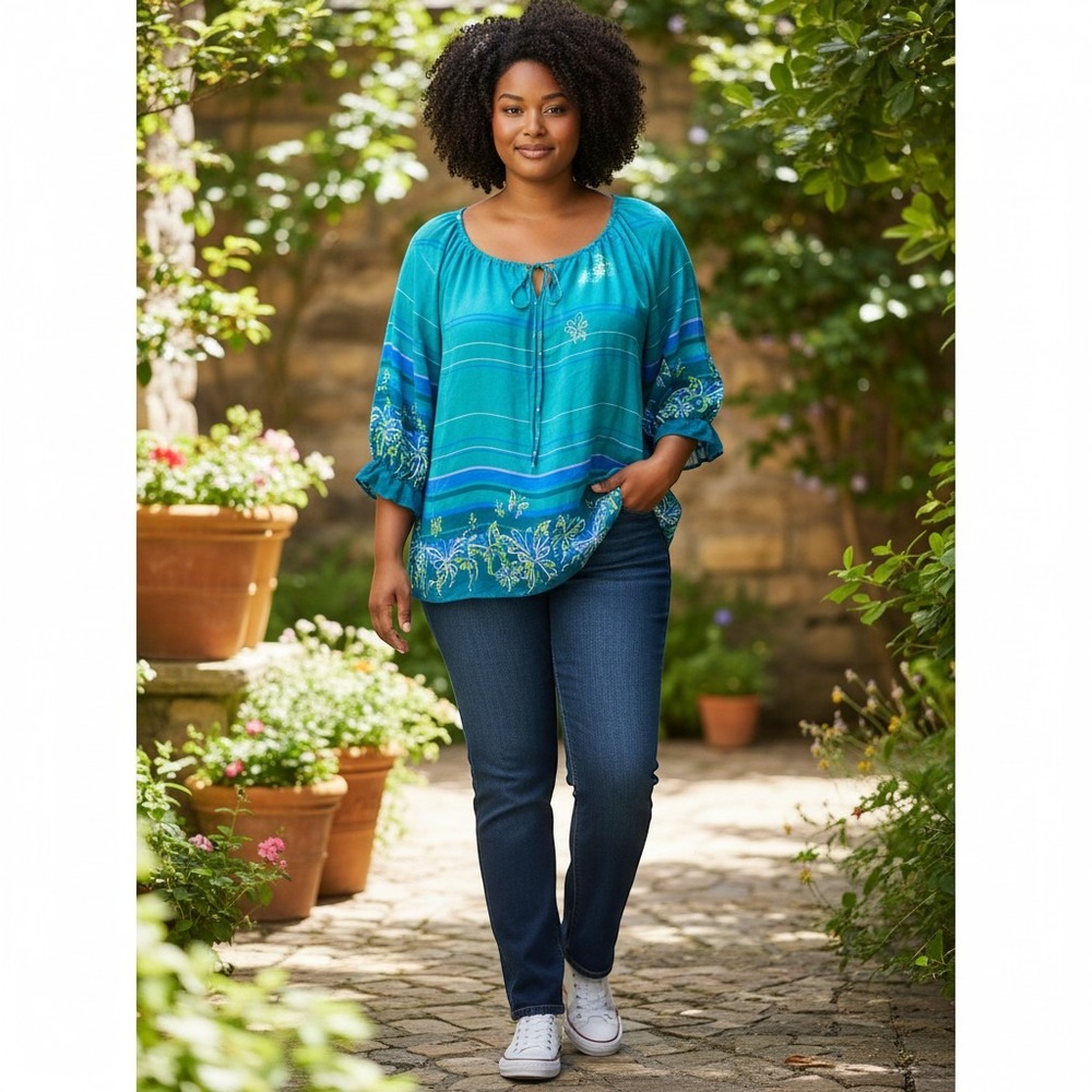 Bob Mackie Wearable Art Blouse L Teal Excellent Butterfly Print 3/4 Sleeve Top